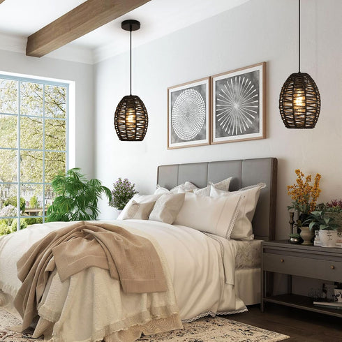 4.9ft DELIPOP Pendant Light, Hand-Woven Rattan Chandelier, Boho Hanging Light with Adjustable Cord for Living Room