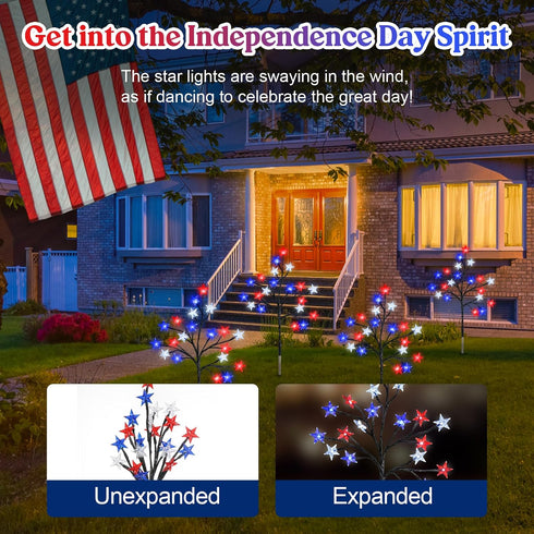 4th 20 2 4 Pack Lewondr of July Decorations Solar Garden Lights, Outdoor Red Blue White Star Solar Lights, Waterproof