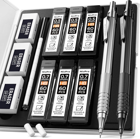 Nicpro 2 PCS Mechanical Pencils 0.5mm & 0.7mm, MP1000 Metal Artist Pencil Set with 6 Tubes HB Lead Refills, Black &