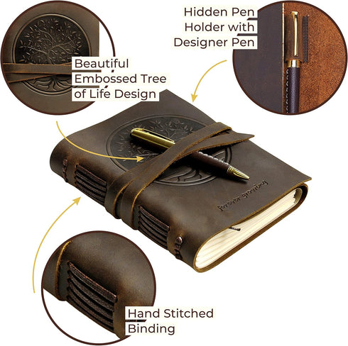 Leather Bound Journal for Men and Women, Handmade Gift Set with Tree of Life Embossed Journal