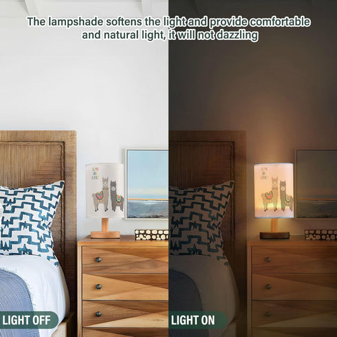 YYZZH Cute Llama Alpaca Funny Smile Animal Table Lamp with Wood Base Fabric Lamp Shade Bedside Nightstand Desk Lamp