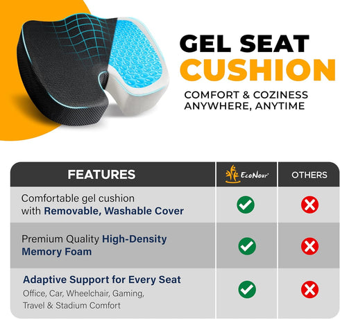 Tailbone EcoNour Gel Seat Cushion Office Chair Cushions for Sciatica & Pain Relief Coccyx Memory Foam Desk Chair