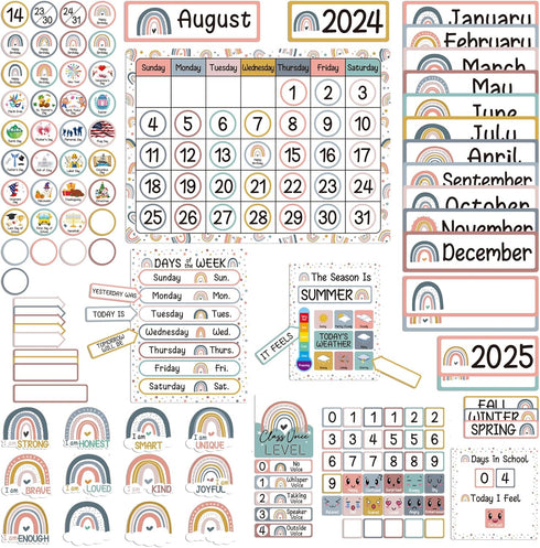 Boho Rainbow Calendar Bulletin Board Set with Seasons, Festival, Weather for Classroom Decoration