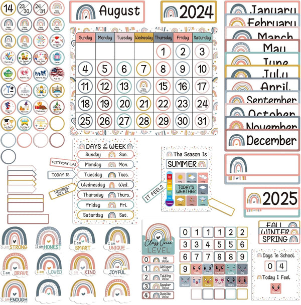Boho Rainbow Calendar Bulletin Board Set with Seasons, Festival, Weather for Classroom Decoration