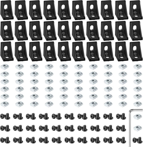 30 Set Black 2020 Series Aluminum Extrusion Profile Connector, Includes 1 Wrench, 30 Corner Brackets, 60 T-Slot Nuts &