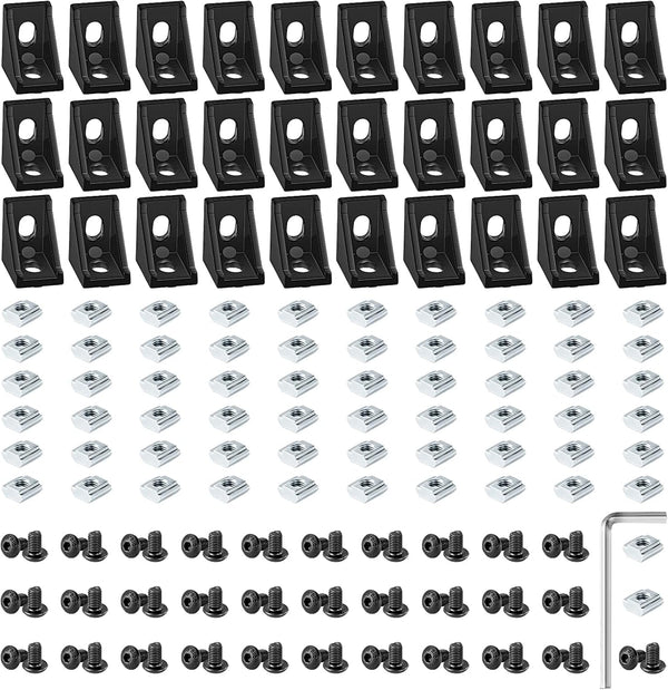 30 Set Black 2020 Series Aluminum Extrusion Profile Connector, Includes 1 Wrench, 30 Corner Brackets, 60 T-Slot Nuts &