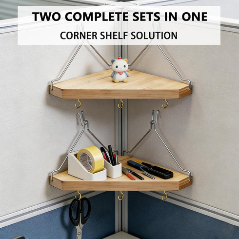 SFXENLK 2-Pack 6 Cubicle Shelf for Fabric Walls, Wooden Cubicle Corner Shelf with Cable Hole and Hooks, Cubicle Hanging