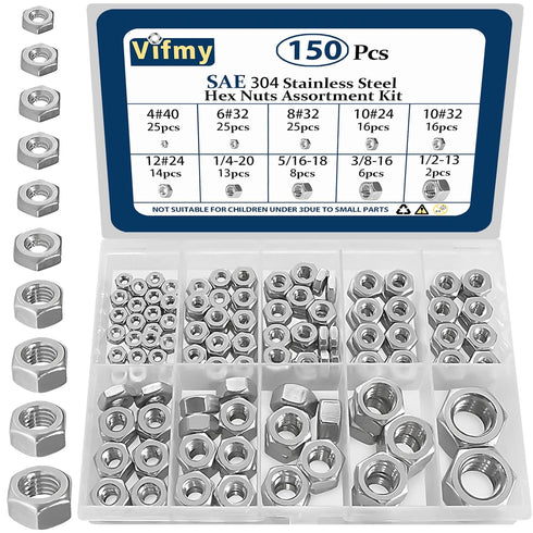 150pcs SAE Hex Nuts Assortment Kit,4#40 6#32 8#32 10#24 10#32 12#24 1/4-20