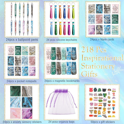 Pasimy 218 Pcs Inspirational Stationery Gifts, Motivational Mini Notepad, Pen, Quote Bookmarks for School Office