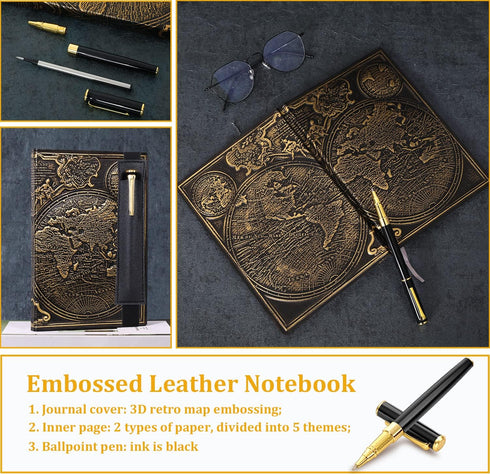 Vintage Map Embossed Leather Notebook – Travel Journal, Daily Notepad, Antique Handmade, Lined Hardcover, A5