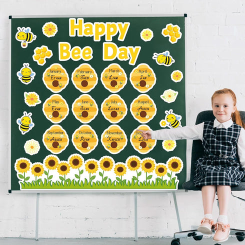 Bee Birthday Bulletin Board Set with Happy Bee Day Decorations, Honeycomb Cutouts, and Sunflowers for Classroom Decor