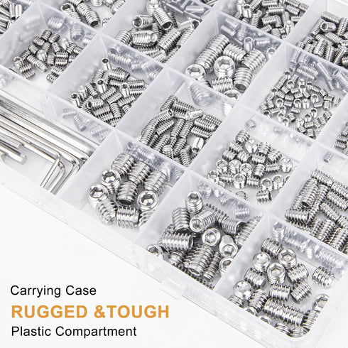 VIGRUE 1105PCS 25 Sizes Metric & SAE Set Screw Assortment Kit, 304 Stainless Steel, M3 to M8 and 1/8-40 to 5/16-18