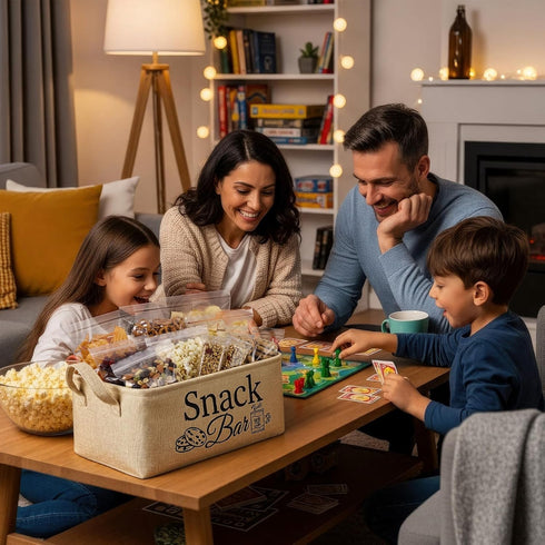 Snack Bar Organizer Basket, Burlap Fabric Snack Storage Holder with Waterproof Lining & Handles, Collapsible Bar