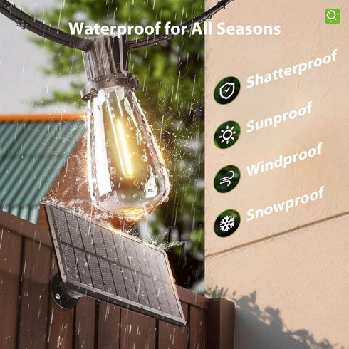 KYY 54FT Dimmable Bulbs Solar String Lights Outdoor Waterproof with USB Charging & Remote, & Timable, Solar Powered