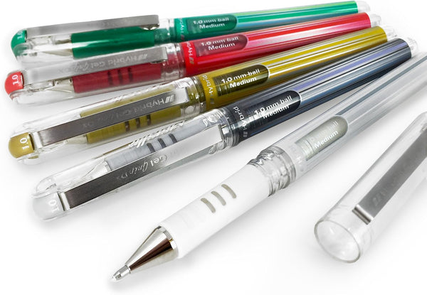 Pentel Hybrid Gel Grip Metallic Pen Set of 5 – 1.0mm Rollerball in Green, Gold, Red, Silver, and White - K230