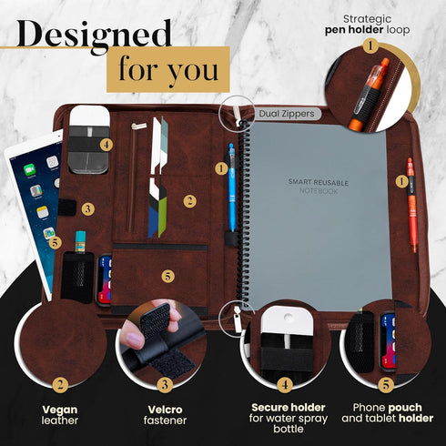 Premium Folio Cover Compatible with Rocketbook - Letter Size A4 Portfolio Organizer, Faux Leather Reusable Notebook