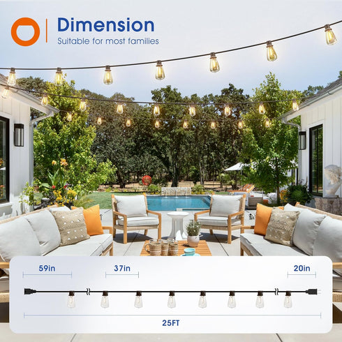 25FT 9 ST38 Bulbs(1 Dimmable 2200K addlon LED Outdoor String Lights Waterproof Patio Lights with Shatterproof