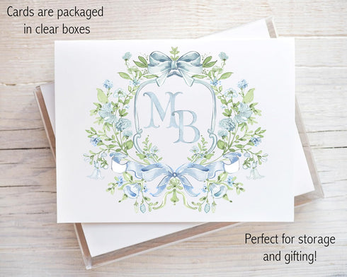 Designing Moments 2 Set 25-39 (2 Letter Monogram Cards, Watercolor Blue Green Crest Personalized Monogram Stationary