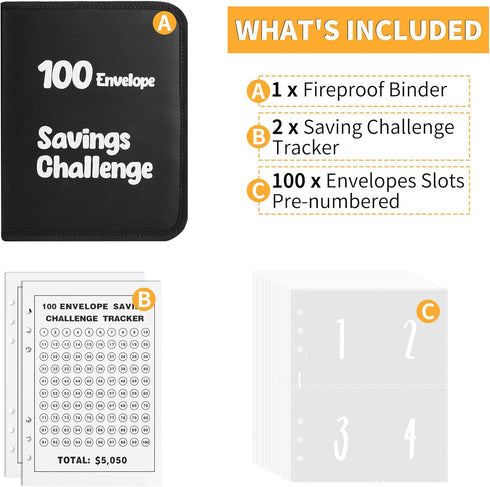 JUNDUN 100 Envelopes Money Saving Challenge, Fireproof Savings Book with Envelopes and Zipper Binder