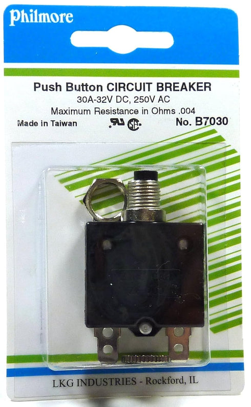 Philmore 30 Amp Push Button Circuit Breaker 32V DC or 250V AC B7030