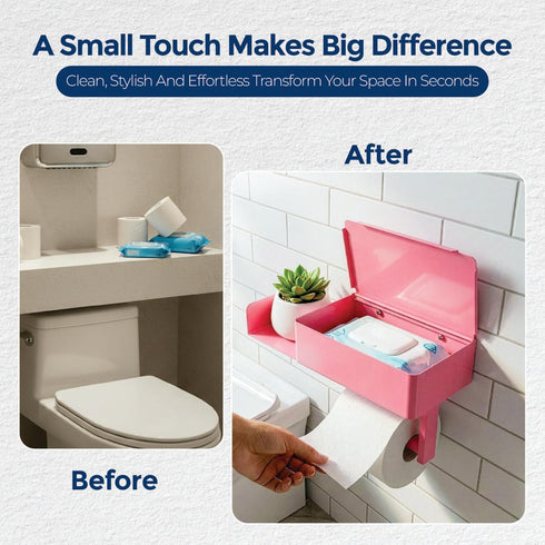 Zzaki Pink Toilet Paper Holder with Shelf & Storage Wall Mount Adhesive or Screw Installation Wipes Dispenser and Phone