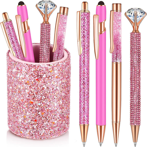 Sabary 8 Pcs Ballpoint Pens with Pen Holder, Metal Crystal Diamond Glitter Pencil Organizer for Women, Pink
