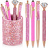 Sabary 8 Pcs Ballpoint Pens with Pen Holder, Metal Crystal Diamond Glitter Pencil Organizer for Women, Pink