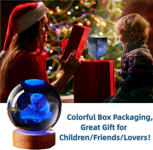 DIGFPWT 3.15 Inch K9 16 Crystal Ball Panda Family Night Light, Crystal Glass Ball, Color Change with Remote Control