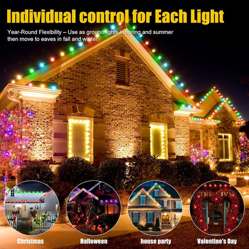 50FT 2-in-1 Permanent Outdoor Lights, Waterproof Eaves & Ground Stakes LED String Lights with App/Remote Control