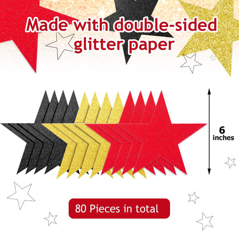 Gejoy 80 Pieces Glitter Star Cutouts Paper Star Confetti Cutouts for Bulletin Board Classroom Wall Movie Party Decoration Supply, 6 Inches Length (Red, Black, Gold)
