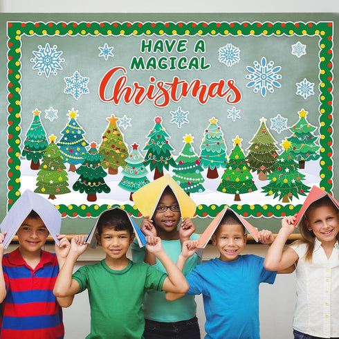 Christmas Bulletin Board Decorations - Xmas Tree Paper Cutouts, Holiday Blackboard Border Kit for School Decor