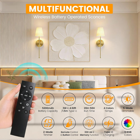Set 2,Rechargeable 12 5200mAh Dimmable LUTEC Battery Operated Wall Sconce of Wall Sconce, Colors Wireless Wall Sconces