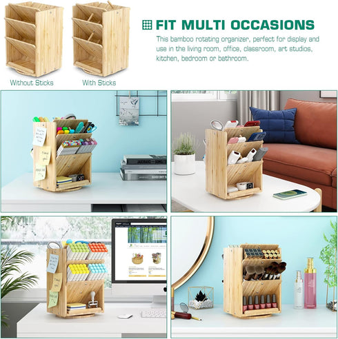 Bamboo Desk Organizer Storage Accessories, Ultra-large 13 Compartments, Easy DIY Assembly, Rotating Desktop Organizer