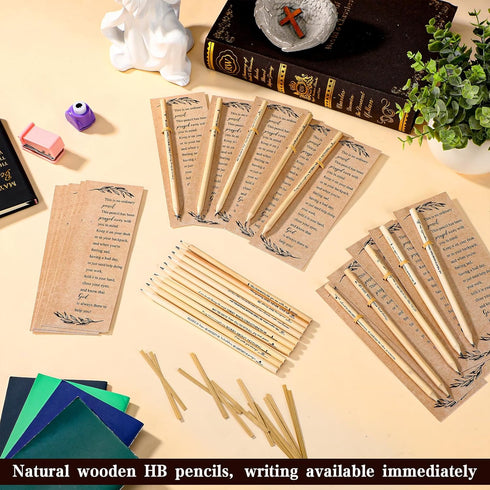 Yeaqee 50 Pcs Bible Verse Pencils Bulk, Christian Back to School Gifts with Inspirational Bookmarks for Students (Rope)