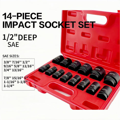 TONYNOL 1/2 Inch Set,6-Point,SAE(3/8" 1-1/4"),14 Shallow Drive Impact Socket to Pcs,Cr-Mo Steel,With a Storage Case
