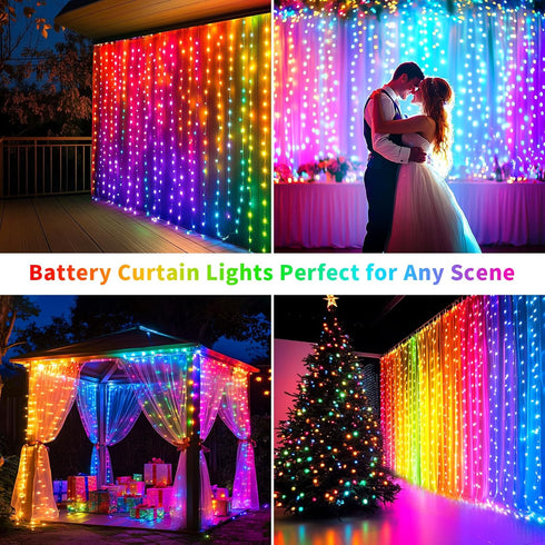 10x10Ft 300LED 8 Dimmable Curtain Lights Battery Operated Waterproof Waterfall Light with Modes Remote Timer Memory