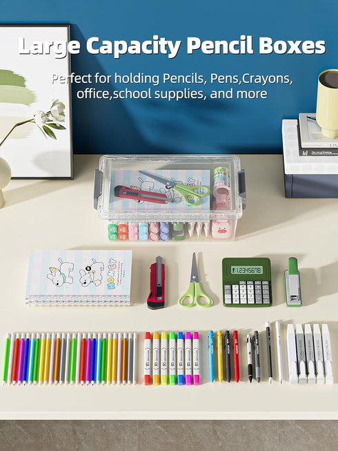 BiuLeon 4 Pack Extra Large Pencil Box, Plastic Pencil Case Organizer, Clear Crayon Box Marker Organizer, Stackable