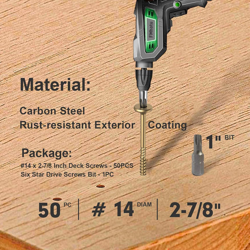 2-7/8 Inch Heavy-Duty Outdoor Wood Screws Assortment Fastener Kit, 50Pcs Star Drive Deck Screws, Rust Resistant Timber Screws for Timber/Log/Landscaping Wood (#14 x 2-7/8" Tan)