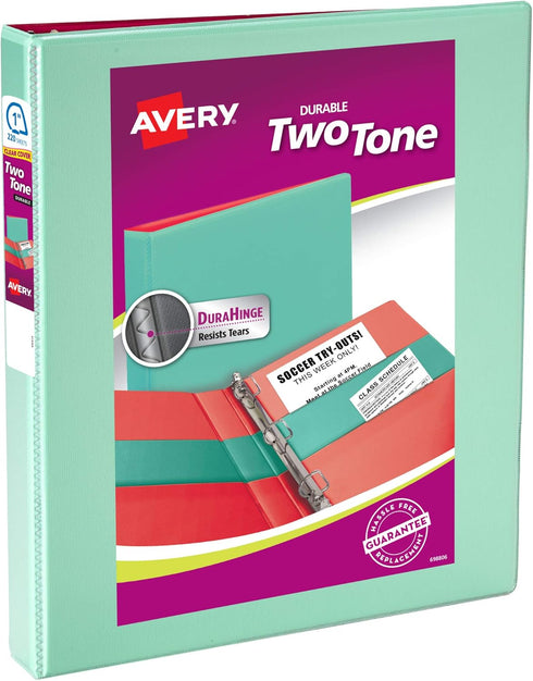 Avery Two-Tone Durable View 3 Ring Binder, Mint/Coral, 1 Inch Slant Rings