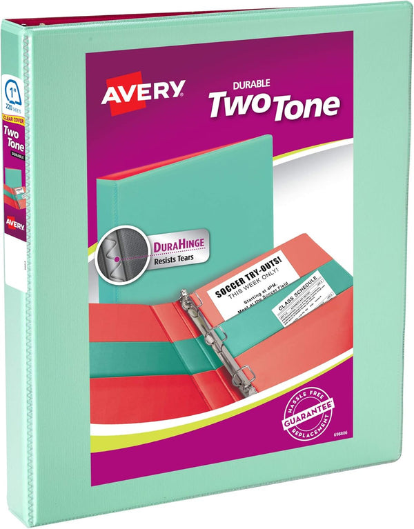 Avery Two-Tone Durable View 3 Ring Binder, Mint/Coral, 1 Inch Slant Rings
