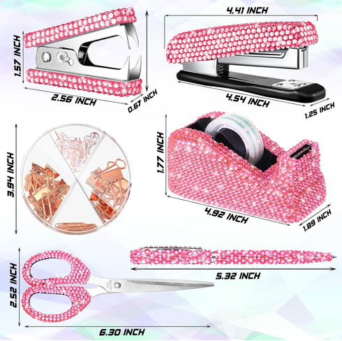 Demissle 6 Pcs Bling Office Desk Accessories Set, Crystal School Stationery Kit, Pink