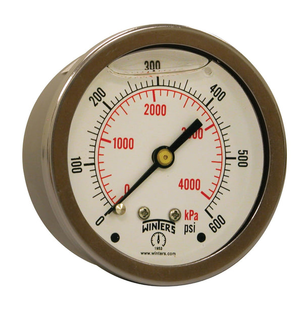 Winters 2-1/2" Liquid Filled Industrial Pressure Gauge, Brass Internals, 304 Stainless Steel Case, Dual Scale