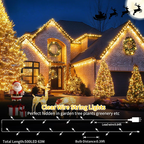 200 500 8 FT LED Christmas Lights Outdoor Fairy Lights Plug In Extra Long String Lights Clear Wire Waterproof Modes