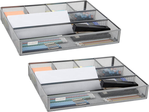 Mind Reader Drawer Organizer, Desk Utensil Organizer, Metal Mesh, 15" L x 12" W x 2.25" H, Set of 2, Silver