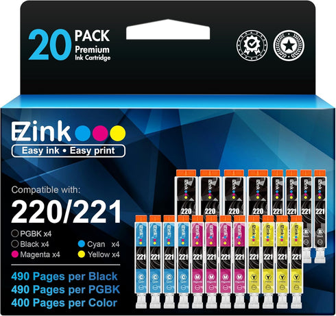 E-Z Ink Compatible Ink Cartridge Replacement for Canon PGI220 PGI-220 CLI221 CLI-221 for MX870 MX860 MP620 MP560 MP980