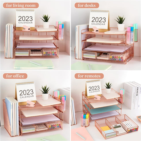 gianotter Paper Letter Tray Organizer, 4-Tier Desk Accessories & Workspace Desk Organizers with Drawer and 2 Pen