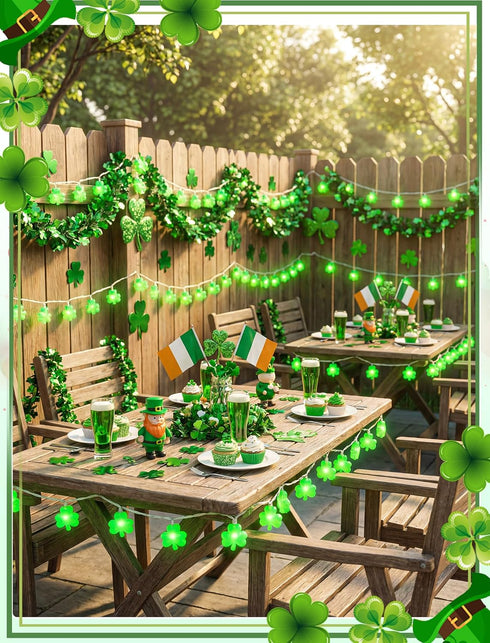 8.5Ft 10 Shamrock String Lights, St. Patrick's Day Decoration Lights with Green Lucky Grass, Plug-in Lucky Clover