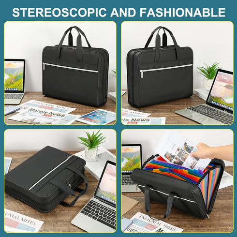 PU Leather Accordion File Organizer - 26 Pockets, Expanding File Folder with Handle, Black