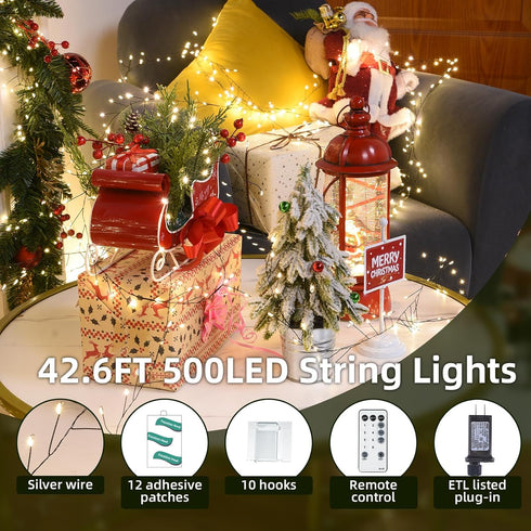 32.8Ft 500LED Fairy Lights Plug in Warm Christmas Wreath Twinkle Lights with Timer Waterproof Remote Firecracker