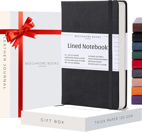 BEECHMORE BOOKS Lined Journal Notebook, A5 160 Pages, 5.8 x 8.3 inch, Hardcover Leather for Writing, Gifts Box
